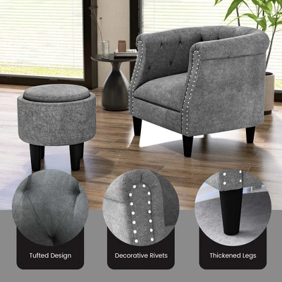 Costway Modern Accent Chair With Ottoman Armchair Barrel Sofa Chair With Footrest Grey 9 Costway Modern Accent Chair With Ottoman Armchair Barrel Sofa Chair With Footrest Grey - Image 9