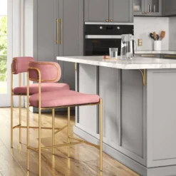 Orion Luxe Backed Counter Height Barstool With Brass Legs Blush Velvet - Thresholdâ˘