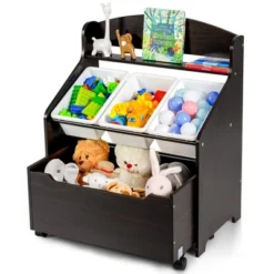Costway Kids Wooden Toy Storage Unit Organizer W/Rolling Toy Box & Plastic Bins NaturalEspresso -Furniture Outlet Store GUEST 80f5cdc8 b56c 40a6 9518 1678a6f77403