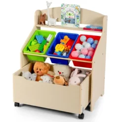 Costway Kids Wooden Toy Storage Unit Organizer W/Rolling Toy Box & Plastic Bins NaturalEspresso -Furniture Outlet Store GUEST b1538226 2c79 451e 9800 9bc4afb4832c