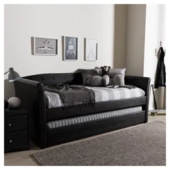 Twin Camino Modern And Contemporary Faux Leather Upholstered Daybed With Guest Trundle Bed - Baxton Studio -Furniture Outlet Store GUEST eae772a6 ece0 47e0 ba27 42d46d1808ea